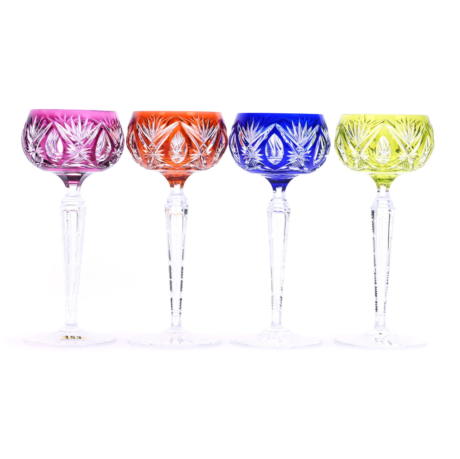 (4) Wine Stems, Brilliant Period Cut Glass, Color Cut To Clear, Pattern #3247/17 By Val St. Lambert: (4) Wine Stems, Brilliant Period Cut Glass, Color Cut To Clear, Pattern #3247/17 By Val St. Lambert, 7.75" x 3.25", Circa 1908, (1) Amethyst Cut To Clear, (1) Cobalt Blue, (1) Citrine, (1) Tangerine, 