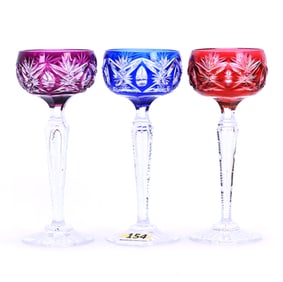 (3) Cordial Stems, Brilliant Period Cut Glass, Color Cut To Clear, Pattern #3247/17 By Val St.