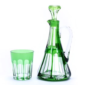 Cruet Bottle & Whiskey Tumbler, Brilliant Period Cut Glass, Green Cut To Clear