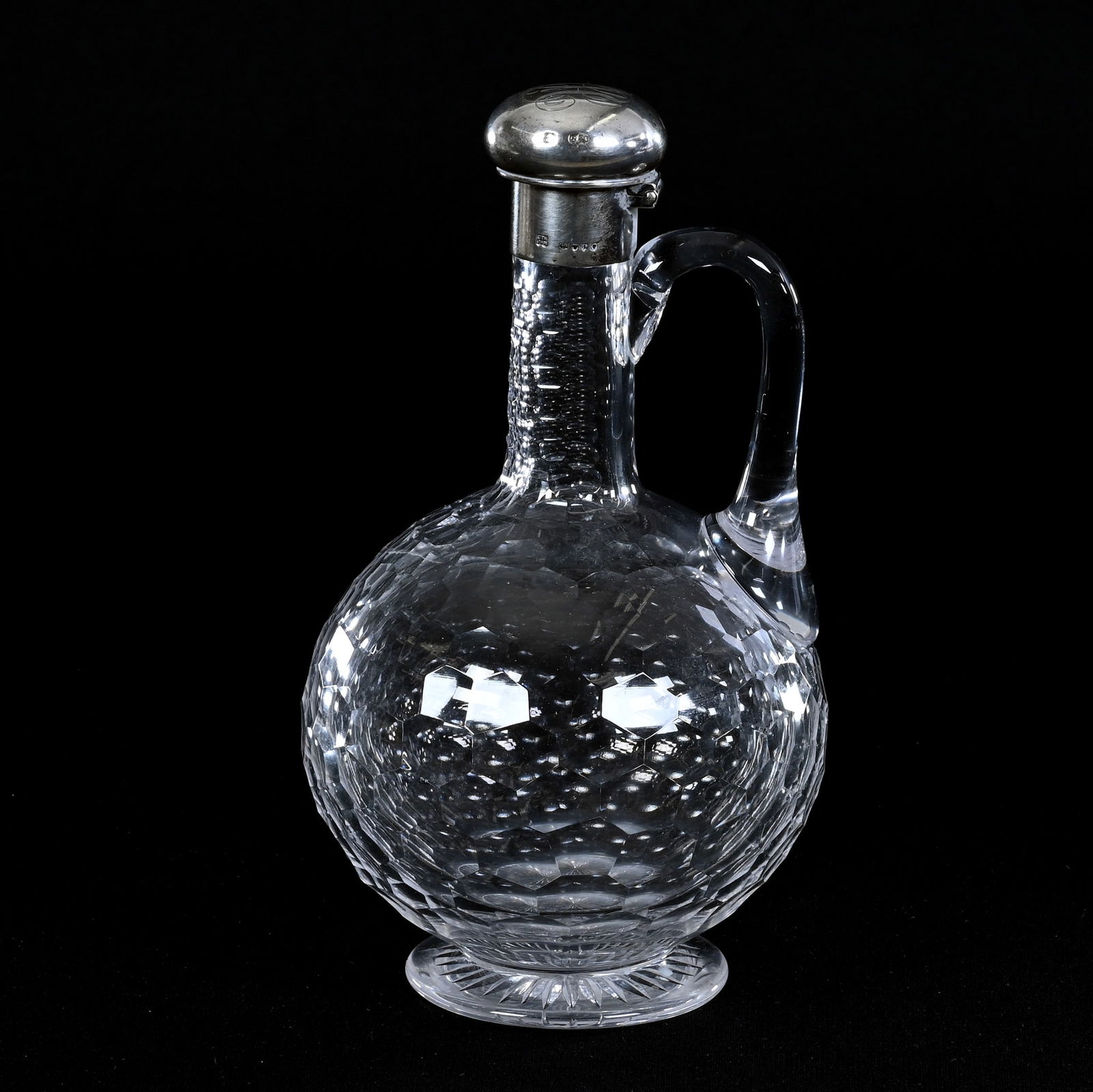 Decanter, Brilliant Period Cut Glass, Honeycomb Pattern With Uncut Handle: Decanter, Brilliant Period Cut Glass, Honeycomb Pattern With Uncut Handle, 8.25" x 4.75", Sterling Silver Flip Lid With Hallmark 1886, Annealing Crack On Handle, Mike And Sandra Hackney Collection, Ge