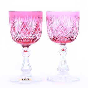 Pair Wine Stems, American Brilliant Cut Glass, Cranberry Cut To Clear
