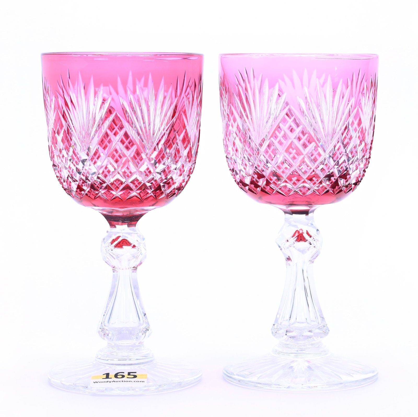 Pair Wine Stems, American Brilliant Cut Glass, Cranberry Cut To Clear: Pair Wine Stems, American Brilliant Cut Glass, Cranberry Cut To Clear, 5.25" x 2.5", Crosscut Diamond And Fan Motif, Ray Cut Foot, Mike And Sandra Hackney Collection, Georgia.