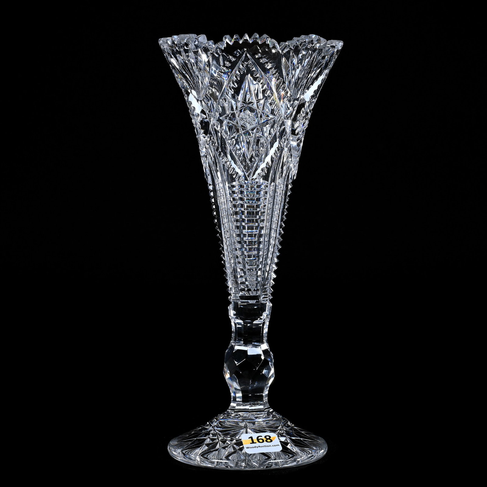 Trumpet Vase, American Brilliant Cut Glass, Unusually Cut Diamond Hobstars With Step Cut Channel,: Trumpet Vase, American Brilliant Cut Glass, Unusually Cut Diamond Hobstars With Step Cut Channel, Prism And Fan, 10" x 4.25", Flashed Hobstar Petticoat Foot, Professional Rim Touch-Up, Mike And Sandra