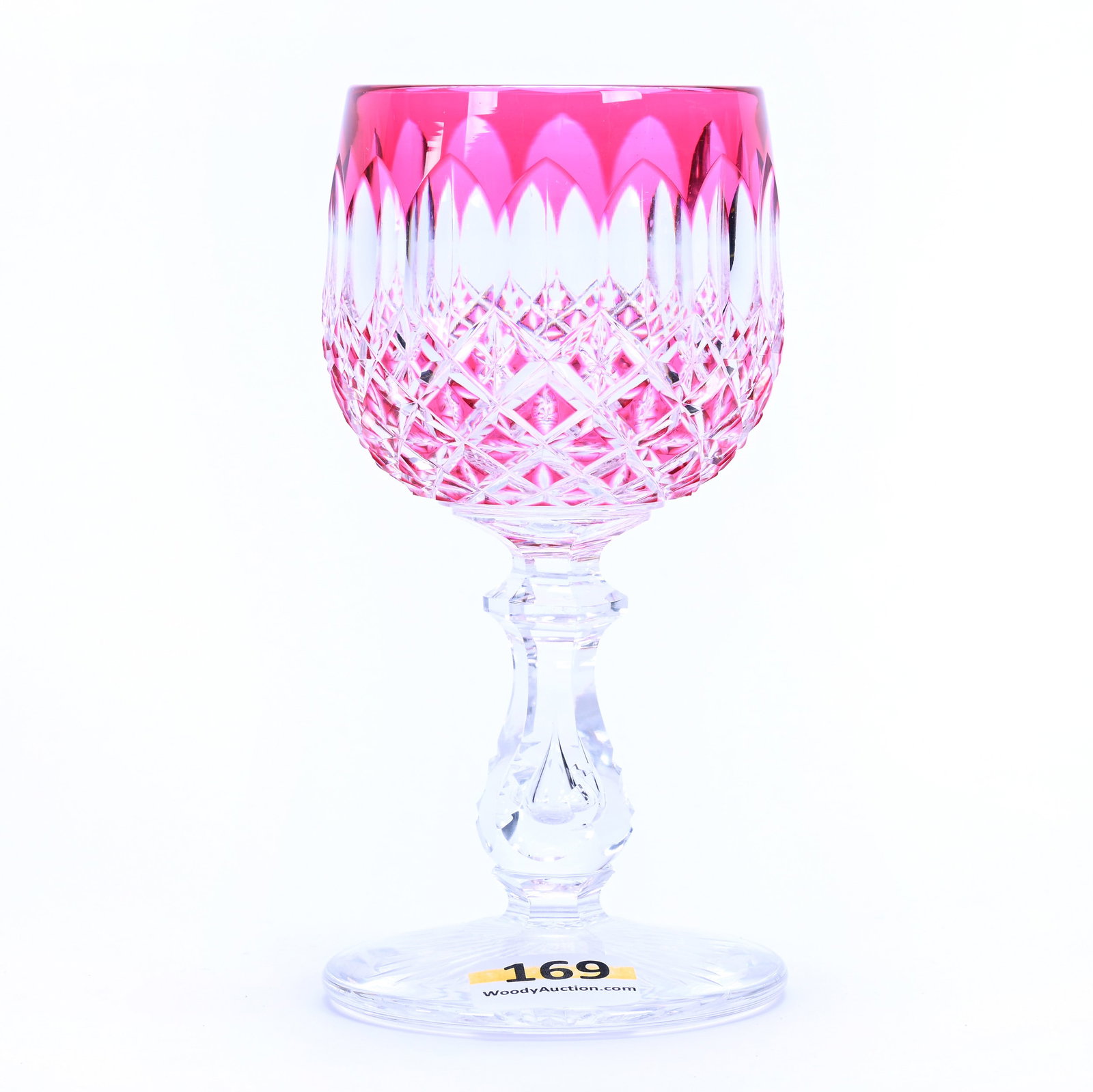 Wine Stem, Brilliant Period Cut Glass, Cranberry Cut To Clear: Wine Stem, Brilliant Period Cut Glass, Cranberry Cut To Clear, 5" x 1.5", Split Diamond And Miter Motif, Teardrop Stem, Ray Cut Foot, Mike And Sandra Hackney Collection, Georgia.