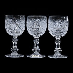(3) Wine Stems, American Brilliant Cut Glass, Hobstar, Crosshatch, Star & Fan Motif