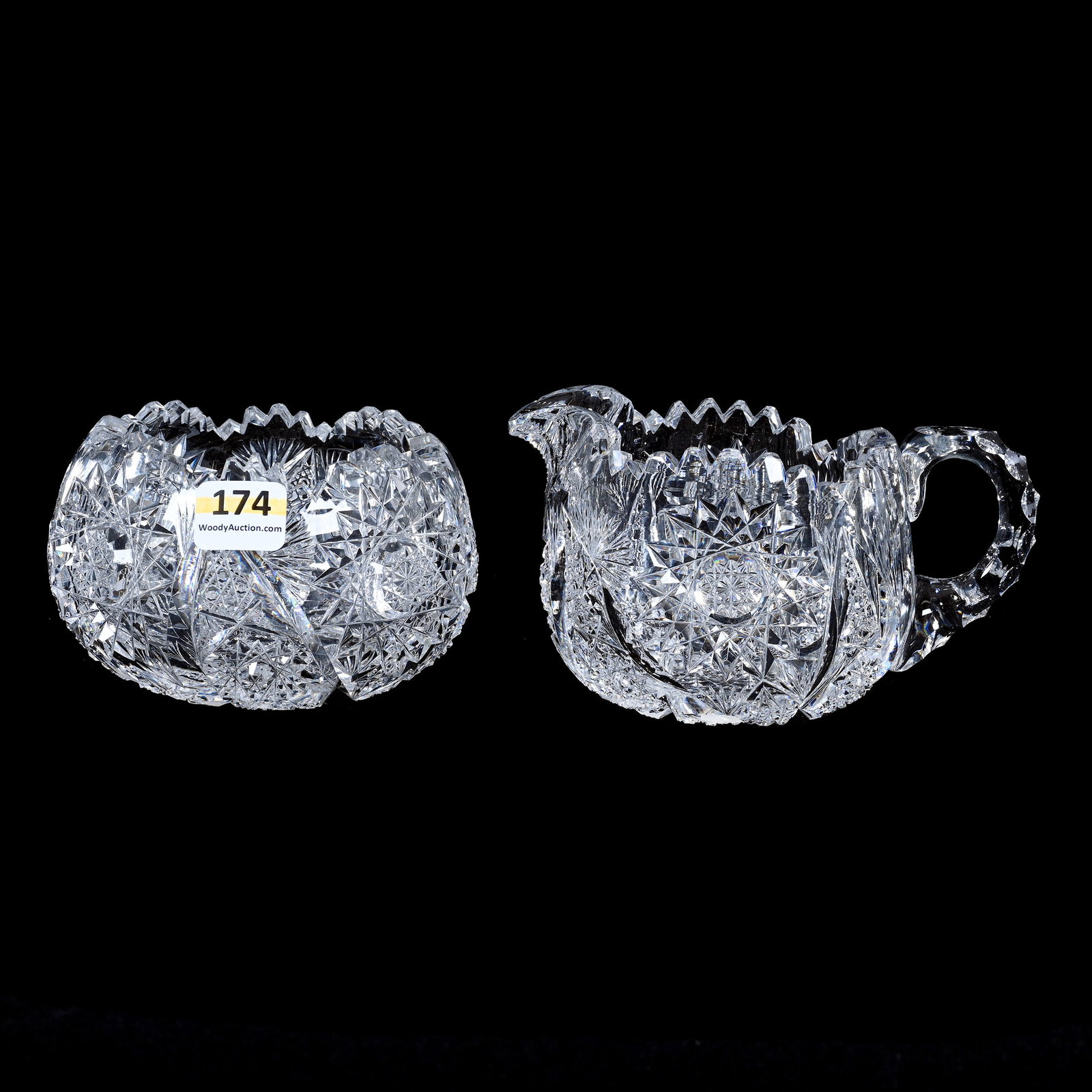 Creamer And Sugar Set, American Brilliant Cut Glass: Creamer And Sugar Set, American Brilliant Cut Glass, 3" x 5.5", Four Distinct Alternating Sections Of Hobstar, Vesica, Cane And Fan Highlights, Pattern Resembles Hiawatha By Sinclaire, Triple Notched 