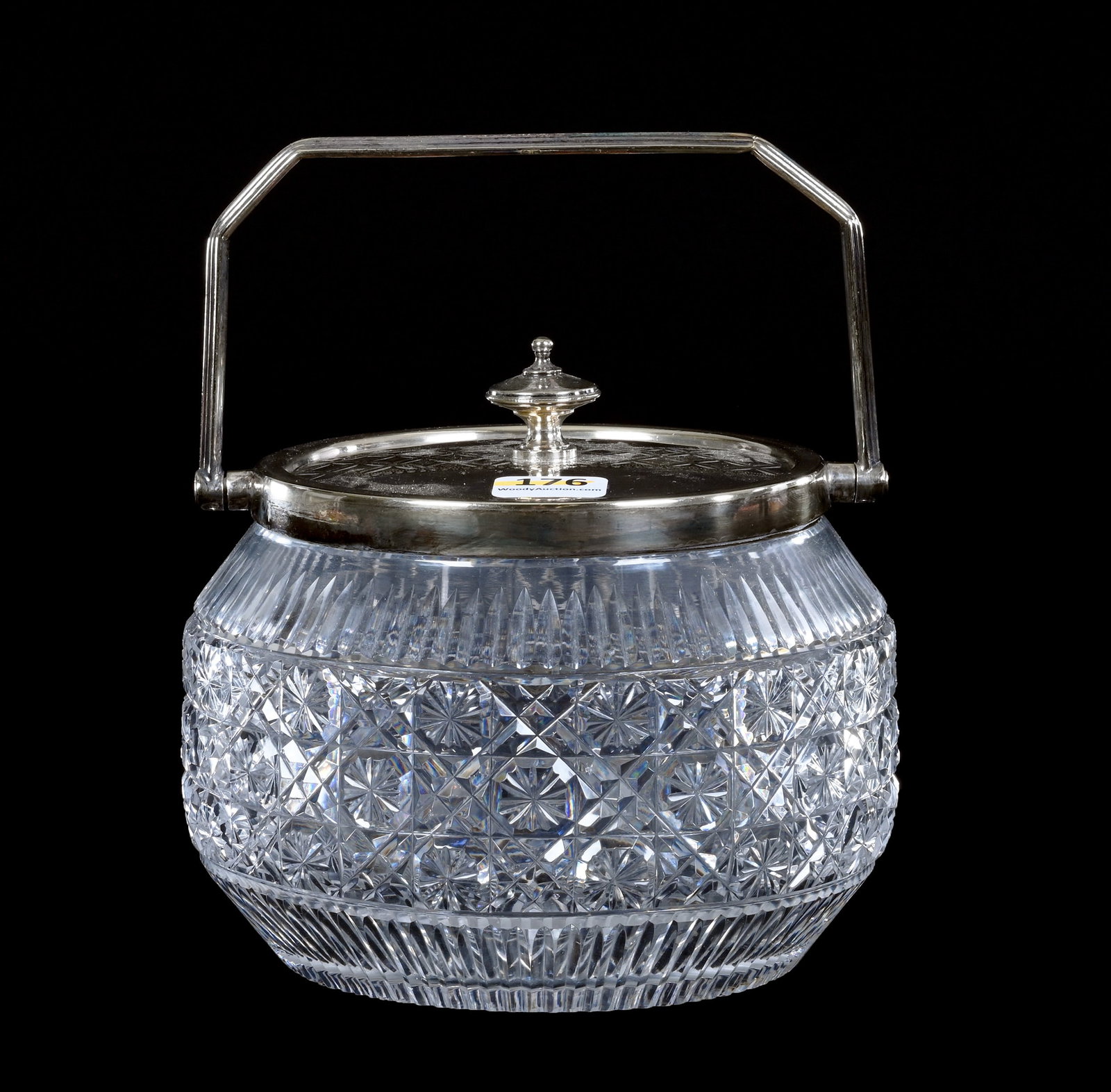 Biscuit Jar, Brilliant Period Cut Glass, Star Button And Lattice Design: Biscuit Jar, Brilliant Period Cut Glass, Star Button And Lattice Design, 5" x 5.5", Vertical Miter Highlights, Silverplate Lid And Bail Marked Benetfink And Company Cheapside, Georgia Private Collecti