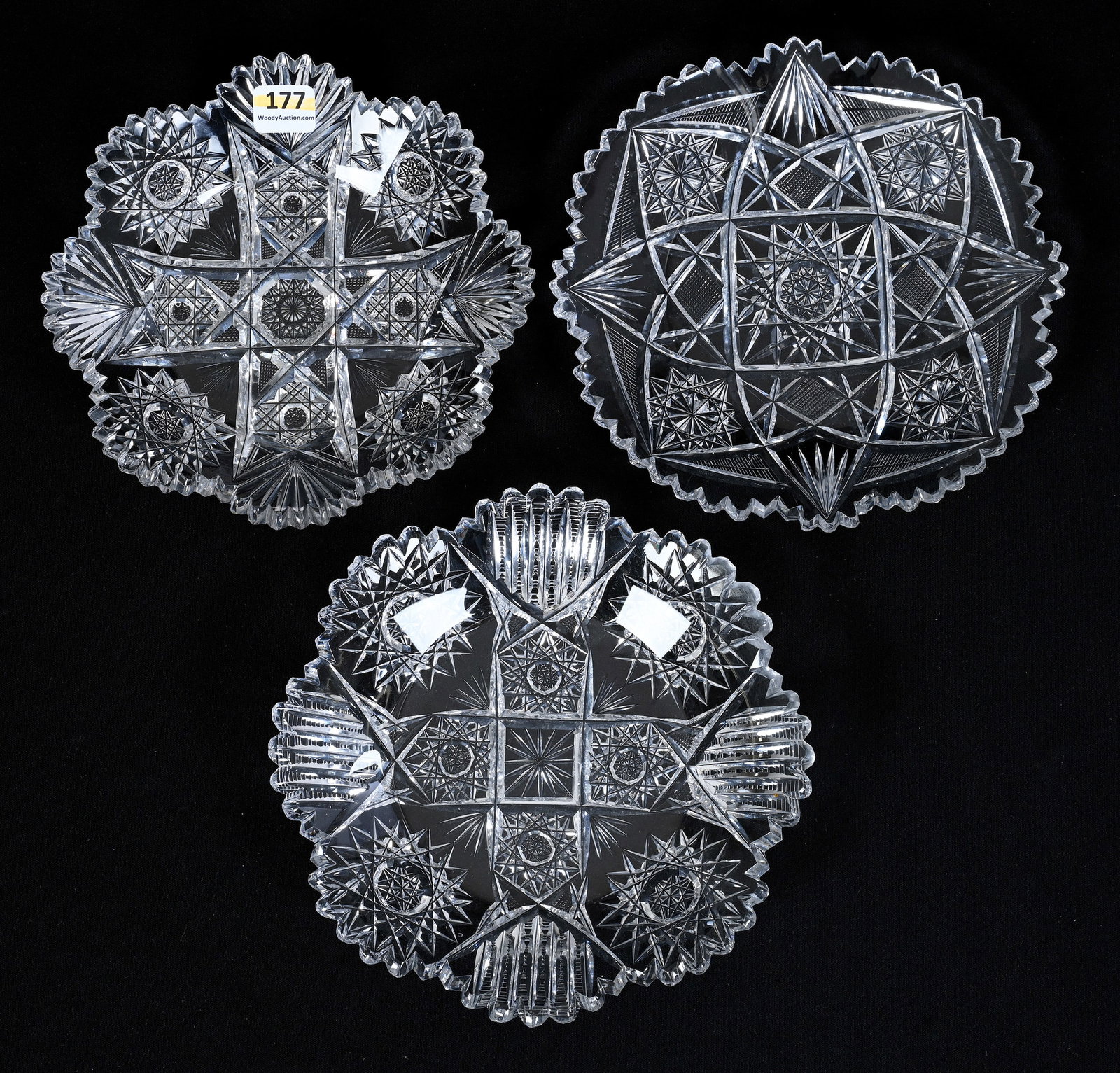 (3) Plates, American Brilliant Cut Glass, All With Different Patterns: (3) Plates, American Brilliant Cut Glass, All With Different Patterns, 7" Approximately, Each Features Four Distinct Alternating Motifs, View Photos For Details, One Plate With Tooth Polish, One Plate