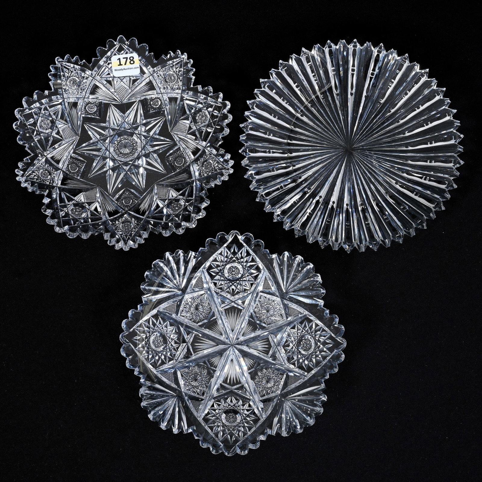 (3) Plates, American Brilliant Cut Glass, All With Different Patterns: (3) Plates, American Brilliant Cut Glass, All With Different Patterns, 7" Approximately, (1) Signed Hawkes Holland Pattern, (1) Signed Libbey, (1) Prism Pattern, Two Plates With Rim Chips, Georgia Pri