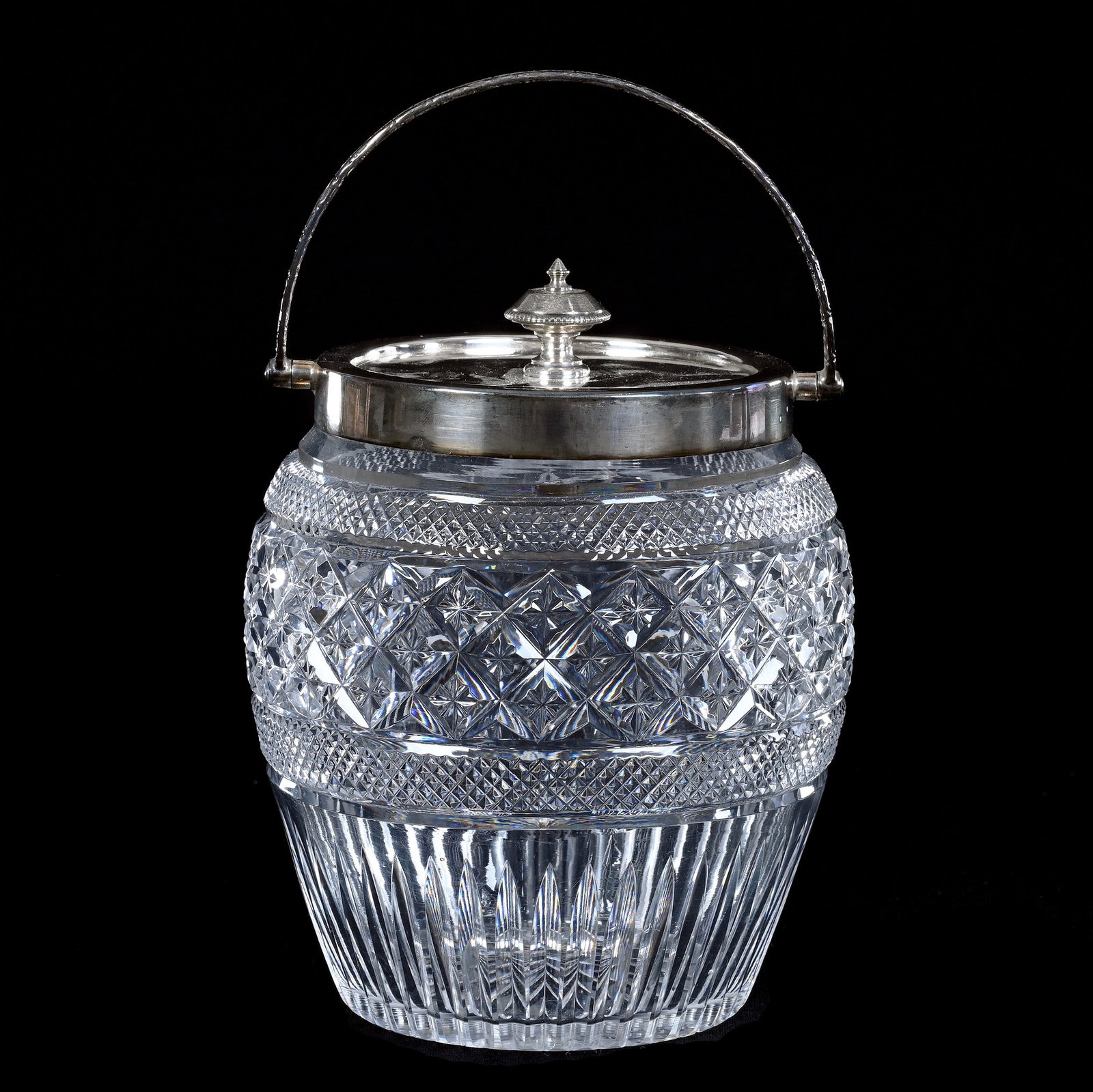 Biscuit Jar, Brilliant Period Cut Glass, Star Diamond And Diamond Bands: Biscuit Jar, Brilliant Period Cut Glass, Star Diamond And Diamond Bands, 6.5" x 5", Vertical Miter Highlights, Silverplate Lid And Bail, Georgia Private Collection.