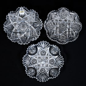 (3) Plates, American Brilliant Cut Glass, Geometric Motifs In Three Distinct Patterns