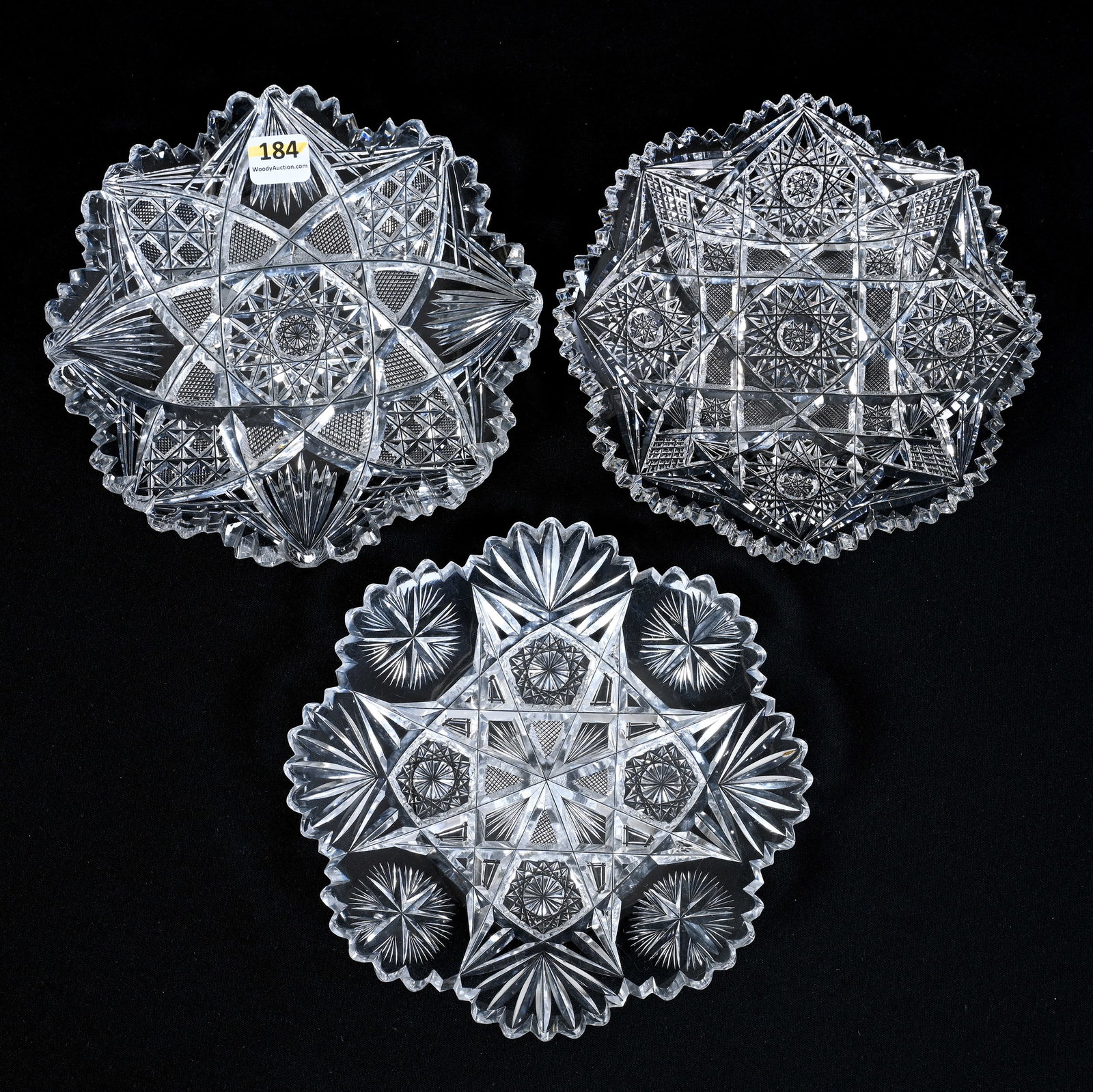 (3) Plates, American Brilliant Cut Glass, Geometric Motifs In Three Distinct Patterns: (3) Plates, American Brilliant Cut Glass, Geometric Motifs In Three Distinct Patterns, 7" Approximately, Largest Plate Has Some Tooth Touch-Ups, Georgia Private Collection.
