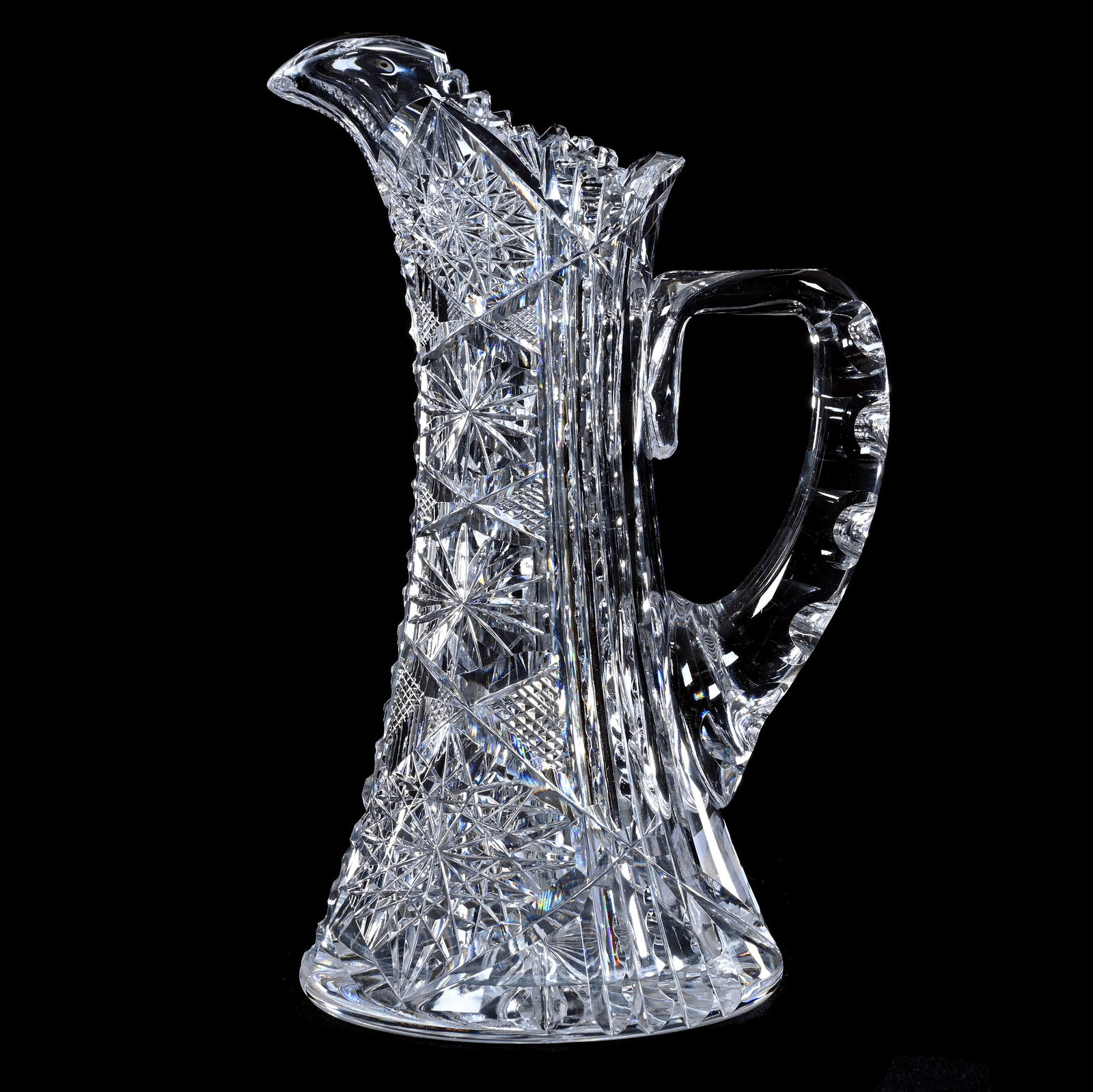 Tankard Creamer, American Brilliant Cut Glass, Hobstar, Star, Prism & Crosshatch Motif: Tankard Creamer, American Brilliant Cut Glass, Hobstar, Star, Prism And Crosshatch Motif, 7" x 4.5", Ray Cut Base, Rim Chip, Georgia Private Collection.