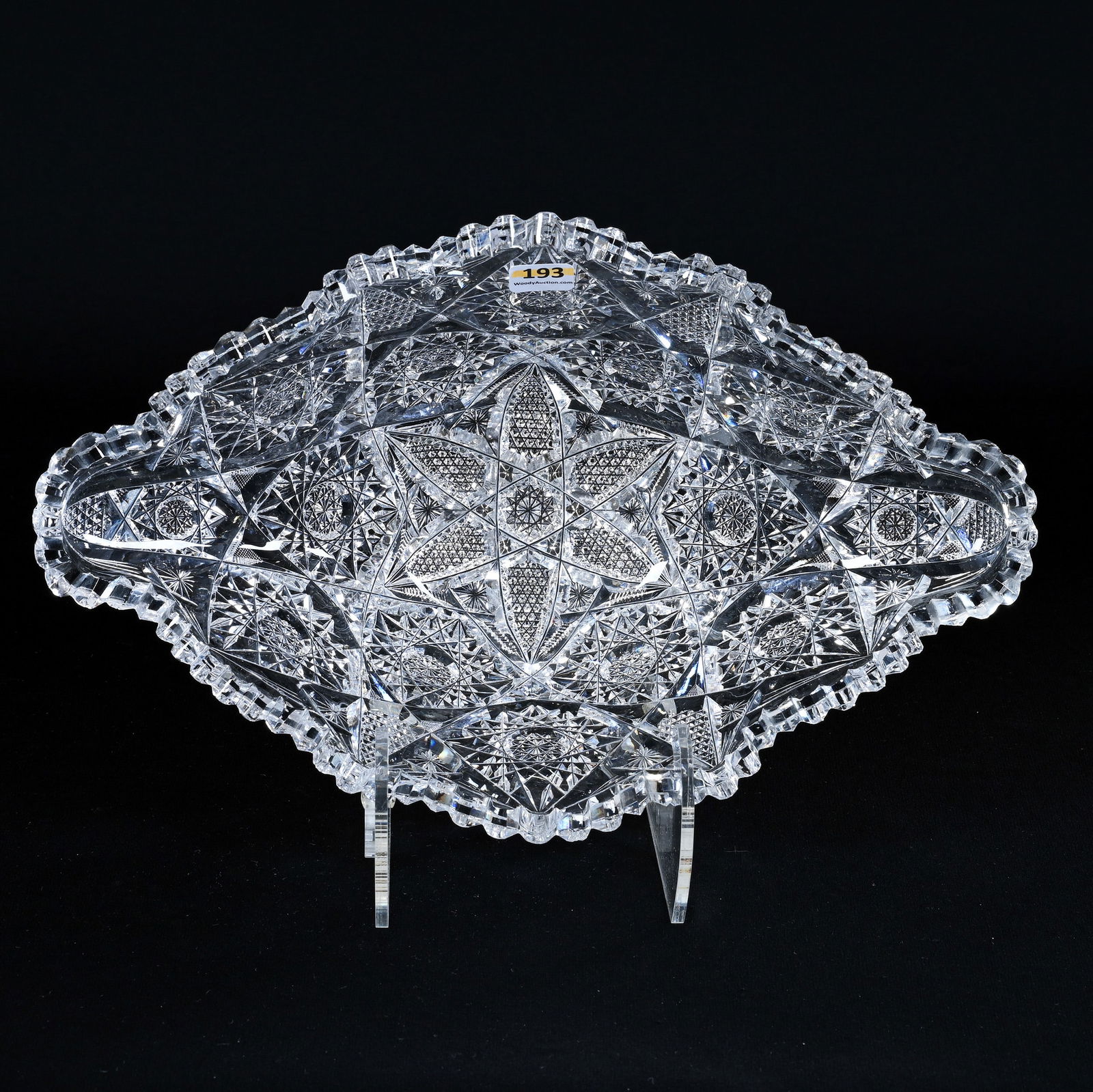 Napoleon Hat Bowl, American Brilliant Cut Glass, Hobstar, Vesica, Nailhead Diamond And Star Motif: Napoleon Hat Bowl, American Brilliant Cut Glass, Hobstar, Vesica, Nailhead Diamond And Star Motif, 4.25" x 13.75" x 8.5", One Tooth Chip, Georgia Private Collection.