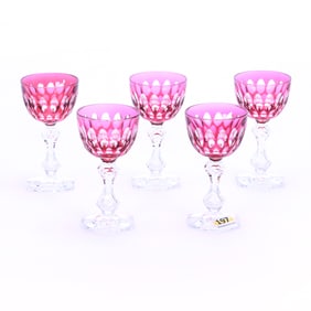 (5) Cordial Stems, Brilliant Period Cut Glass, Cranberry Cut To Clear