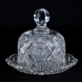 Covered Cheese Dish, American Brilliant Cut Glass, Underplate With Hobstar Motif