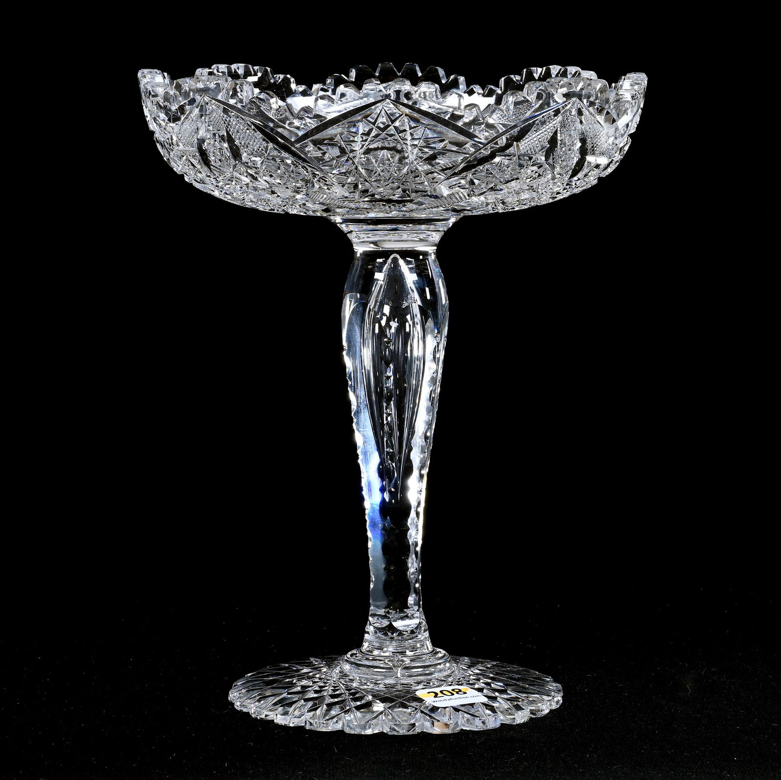 Compote, American Brilliant Cut Glass, Hobstar, Vesica, Nailhead Diamond And Crosshatch Motif: Compote, American Brilliant Cut Glass, Hobstar, Vesica, Nailhead Diamond And Crosshatch Motif, 9" x 7", Notched Teardrop Stem, Scalloped Hobstar Foot, Georgia Private Collection.