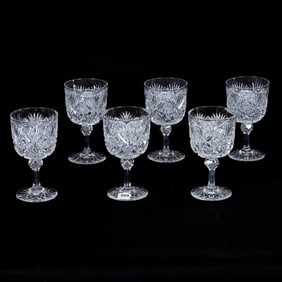 (6) Goblets, American Brilliant Cut Glass, Hobstar, Crosshatch And Fan Motif