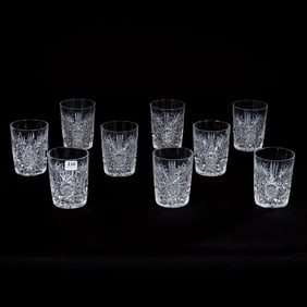 (9) Tumblers, American Brilliant Cut Glass, Matching Hobstar And Prism Motif