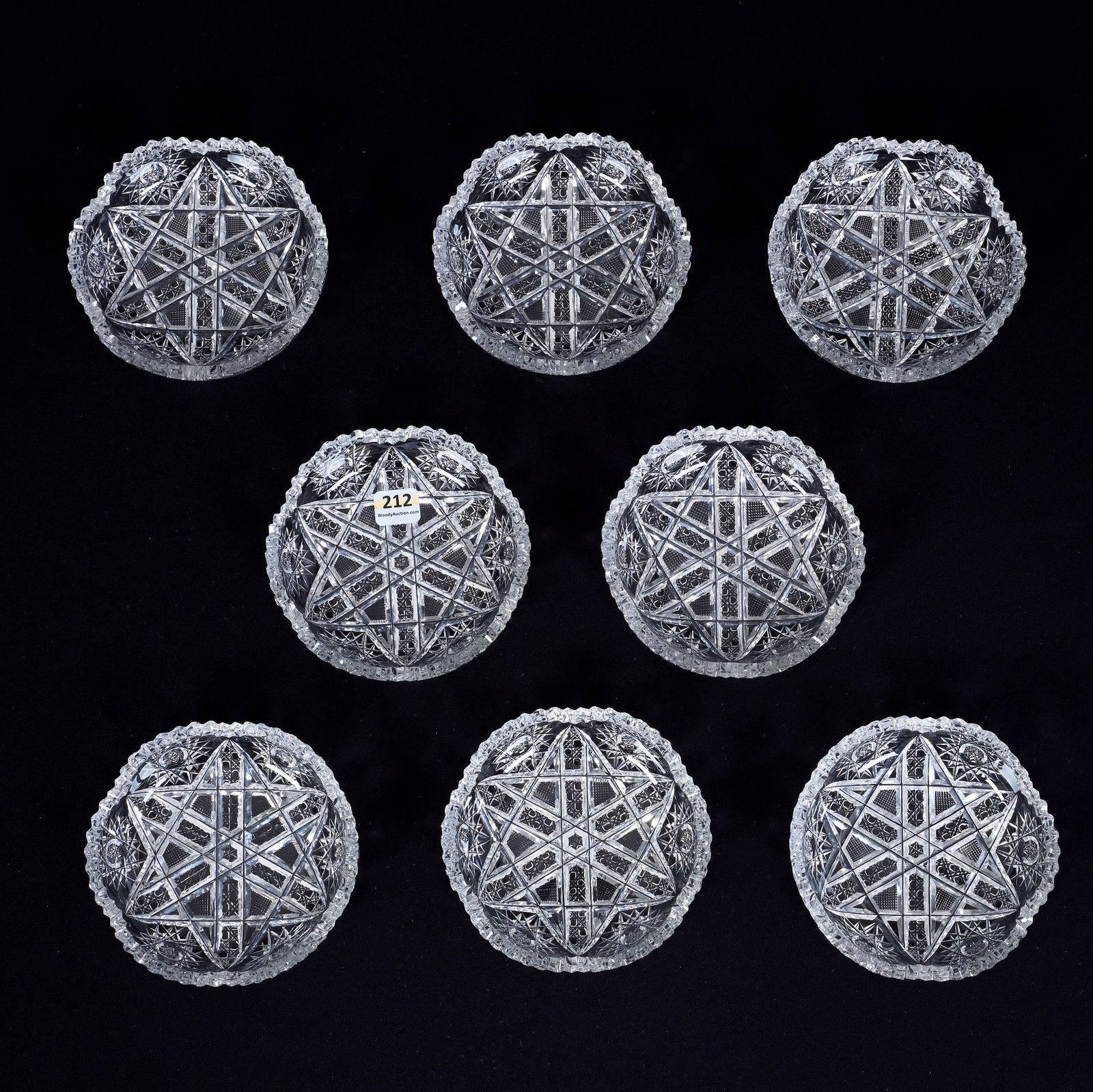 (8) Berry Dishes, American Brilliant Cut Glass, Six Alternating Sections Of Hobstar, Cane And: (8) Berry Dishes, American Brilliant Cut Glass, Six Alternating Sections Of Hobstar, Cane And Crosshatch Motif, 5", (6) With Tooth Chips, Georgia Private Collection.