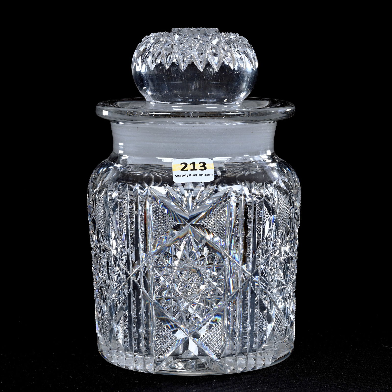 Humidor, American Brilliant Cut Glass, Hobstar, Crosshatch, Prism And Fan Motif: Humidor, American Brilliant Cut Glass, Hobstar, Crosshatch, Prism And Fan Motif, 7.5" x 4.75", Hobstar Cut Lid, Ray Cut Base, Pattern Bruise On Jar, Chip On Lid Plug, Georgia Private Collection.