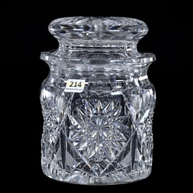 Humidor, American Brilliant Cut Glass, Signed Hawkes, Hobstar, Crosshatch, Miter & Fan Motif