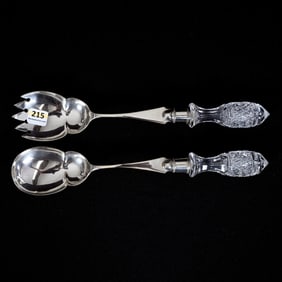 Salad Fork & Spoon, American Brilliant Cut Glass, Silverplate Marked J. G. & Son