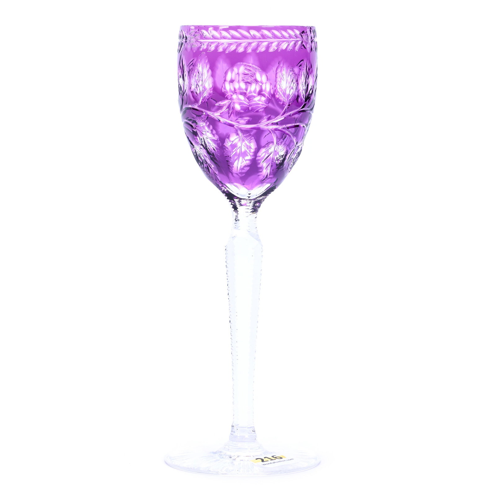 Wine Stem, Brilliant Period Cut Glass, Amethyst Cut To Clear: Wine Stem, Brilliant Period Cut Glass, Amethyst Cut To Clear, 8.5" x 3", Engraved Rose Branch Decor, Solid Notched Stem, Punty And Miter Foot, Georgia Private Collection.