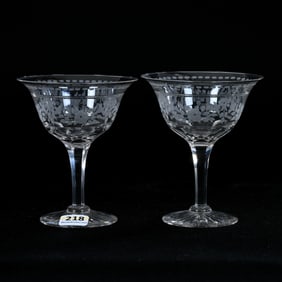 Pair Champagne Stems, American Brilliant Cut Glass, Engraved Floral Design Attributed To Sinclaire