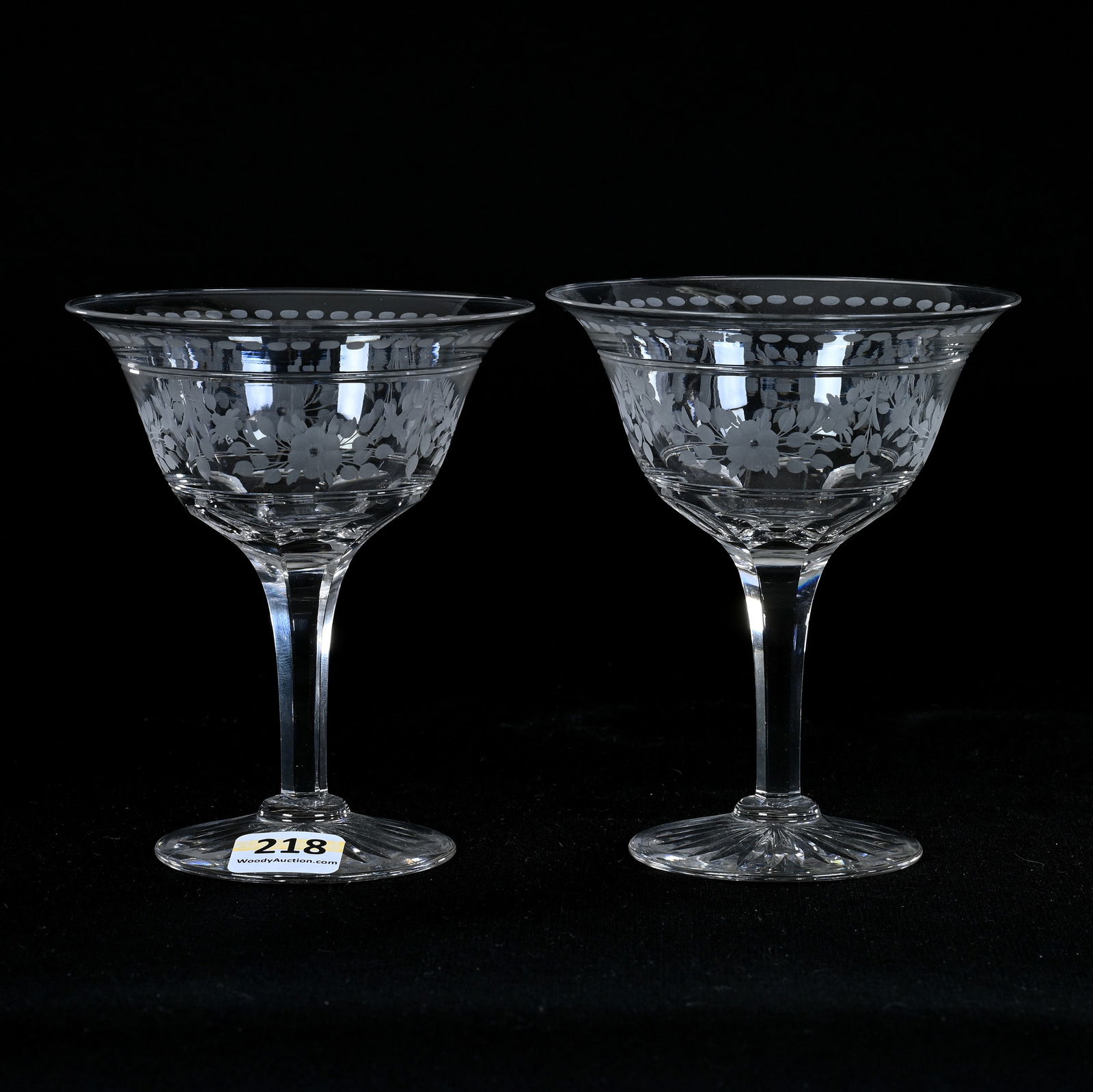 Pair Champagne Stems, American Brilliant Cut Glass, Engraved Floral Design Attributed To Sinclaire (1 of 3)