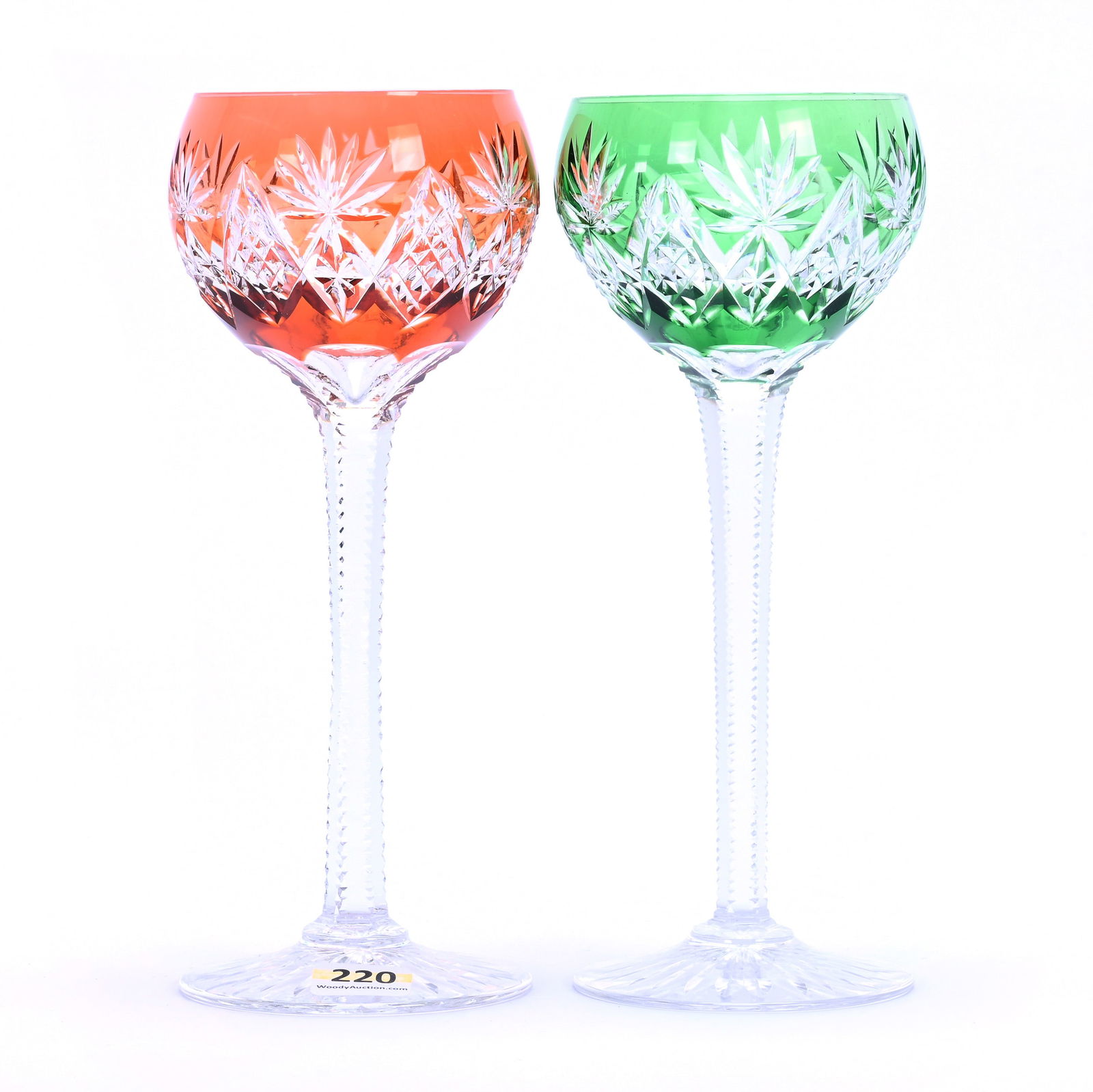 (2) Wine Stems, Brilliant Period Cut Glass, Color Cut To Clear: (2) Wine Stems, Brilliant Period Cut Glass, Color Cut To Clear, 8" x 3.25", Diamond, Kite, Star And Fan Motif, Attributed To Val St. Lambert, Solid Notched Stem, Ray Cut Foot, (1) Green, (1) Apricot,