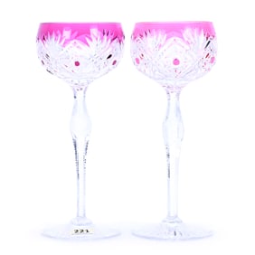 (2) Wine Stems, Brilliant Period Cut Glass, Color Cut To Clear