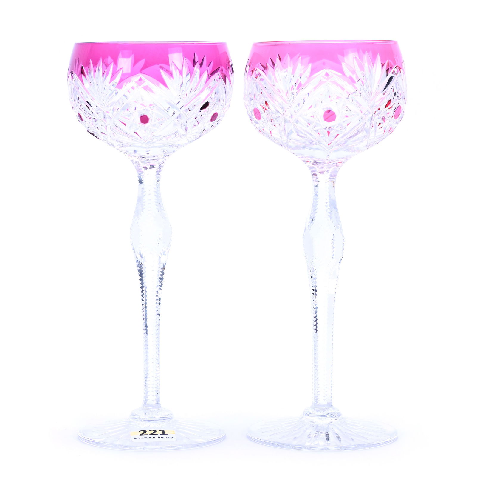 (2) Wine Stems, Brilliant Period Cut Glass, Color Cut To Clear: (2) Wine Stems, Brilliant Period Cut Glass, Color Cut To Clear, 8" x 3.25", Hobstar, Miter And Fan Motif, Attributed To Val St. Lambert, Ray Cut Foot, (1) Amethyst, (1) Cranberry, Georgia Private Coll