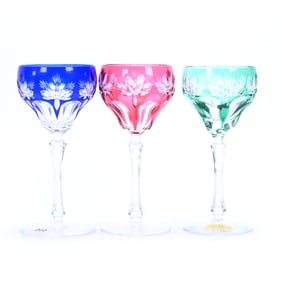 (3) Wine Stems, Cut Glass, Color Cut To Clear