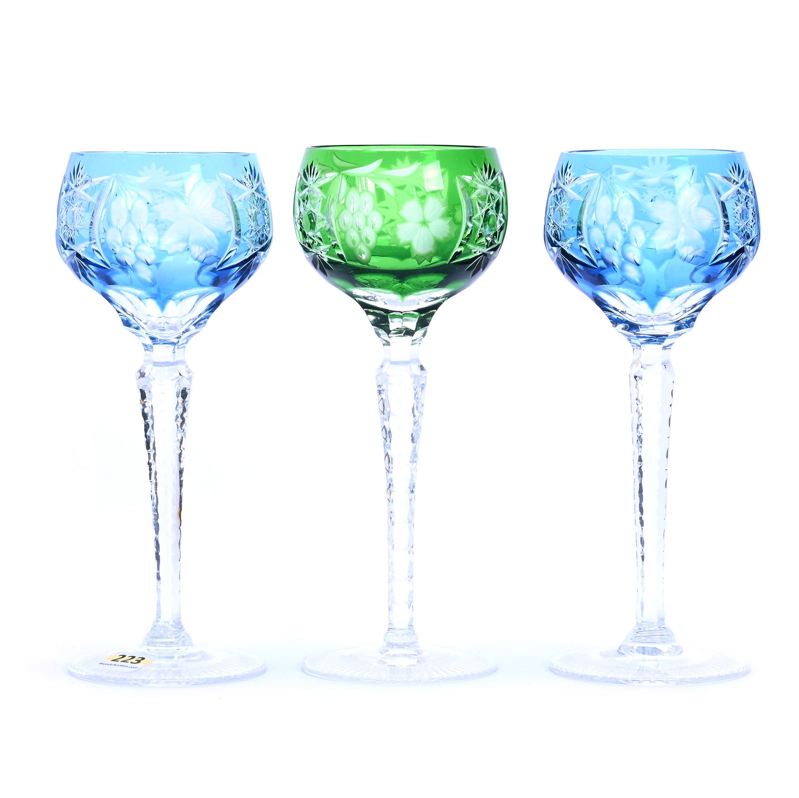 (3) Wine Stems, Cut Glass, Color Cut To Clear: (3) Wine Stems, Cut Glass, Color Cut To Clear, 8.25" x 3.25" Approximately, Hobstar And Engraved Vintage Motif, Unknown Cutter, (2) French Blue, (1) Green, Georgia Private Collection.