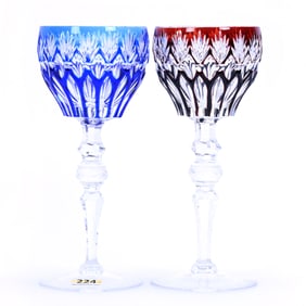 (2) Wine Stems, Cut Glass, Color Cut To Clear
