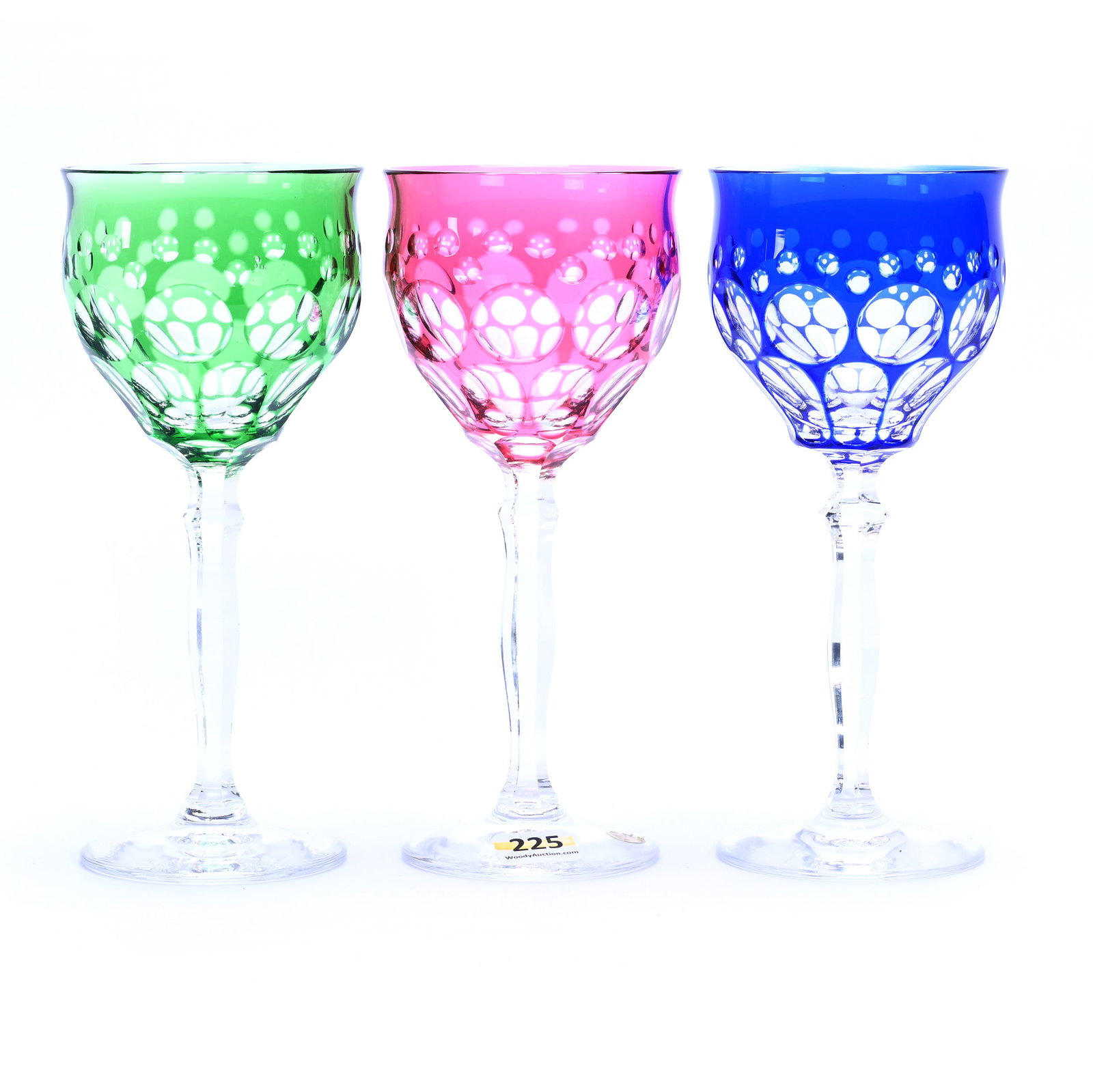 (3) Wine Stems, Cut Glass, Color Cut To Clear: (3) Wine Stems, Cut Glass, Color Cut To Clear, 7.5" x 3.25", Punty And Window Design, Unknown Cutter, (1) Cranberry, (1) Blue, (1) Green, Georgia Private Collection.