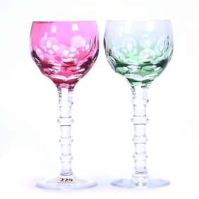 (2) Wine Stems, Cut Glass, Color Cut To Clear