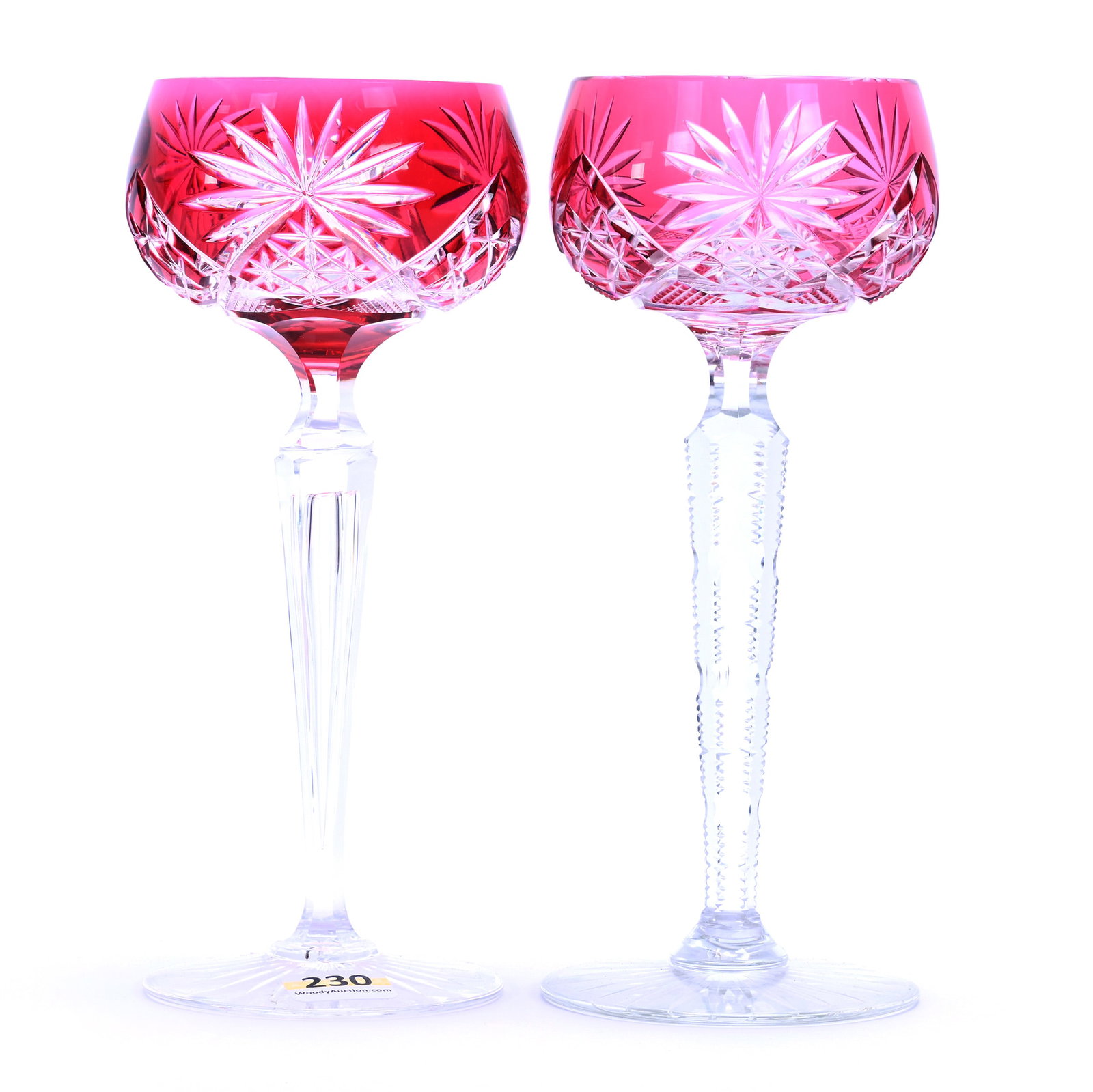 (2) Wine Stems, Brilliant Period Cut Glass, Cranberry Cut To Clear: (2) Wine Stems, Brilliant Period Cut Glass, Cranberry Cut To Clear, 7.75" x 3.25", Pattern #3269/17 By Val St. Lambert, Circa 1905, One With Notched Stem, One With Air Trap Stem, Georgia Private Colle