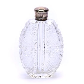 Pocket Flask, American Brilliant Cut Glass, Crosshatch, Button & Miter Motif