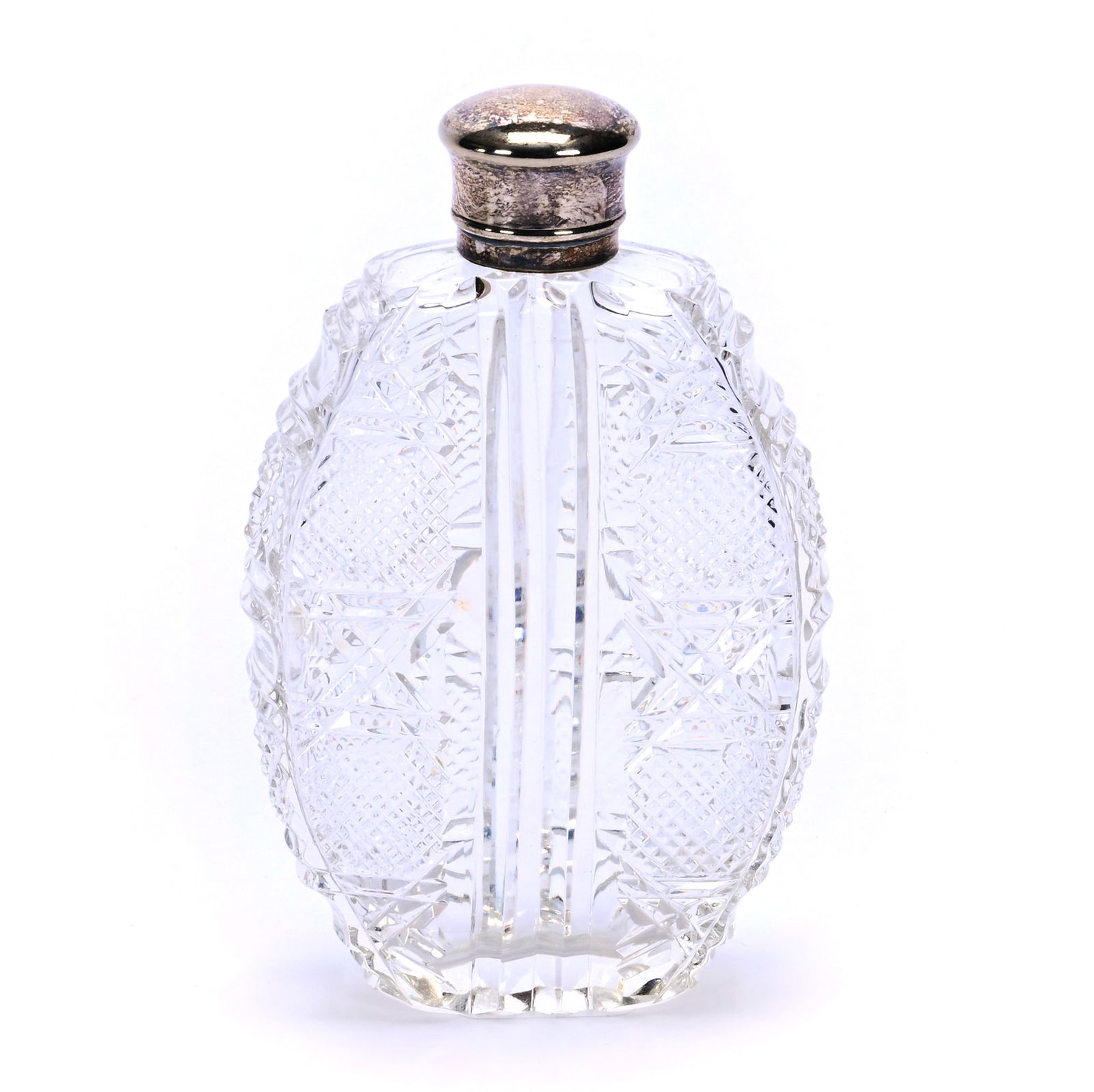 Pocket Flask, American Brilliant Cut Glass, Crosshatch, Button & Miter Motif (1 of 4)