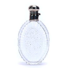 Pocket Flask, American Brilliant Cut Glass, Cane Pattern, Oval Window With Punty Border