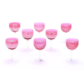 (8) Wine Stems, American Brilliant Cut Glass, Cranberry Cut To Clear