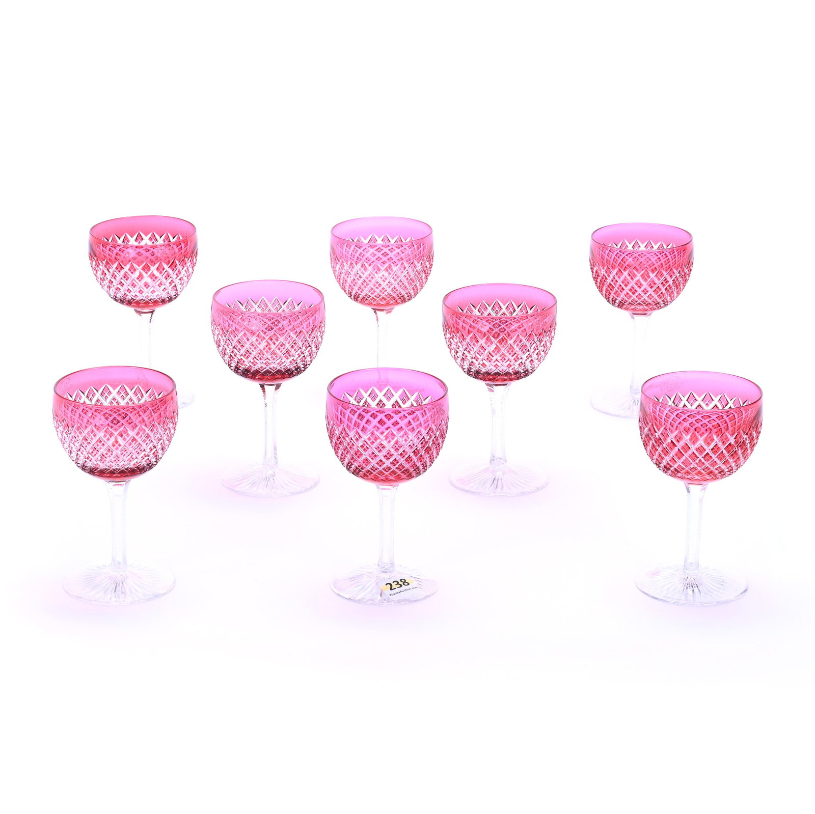 (8) Wine Stems, American Brilliant Cut Glass, Cranberry Cut To Clear: (8) Wine Stems, American Brilliant Cut Glass, Cranberry Cut To Clear, 4.75" x 2.75", Crosscut Diamond Motif, All Featuring Elaborate "HM" Monogram, Ray Cut Foot, Georgia Private Collection.