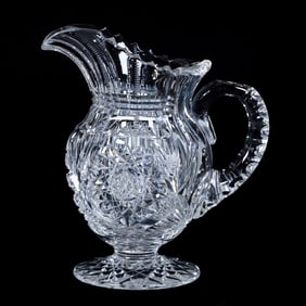Pedestal Milk Pitcher, American Brilliant Cut Glass, Hobstar, Star Button & Fan Motif
