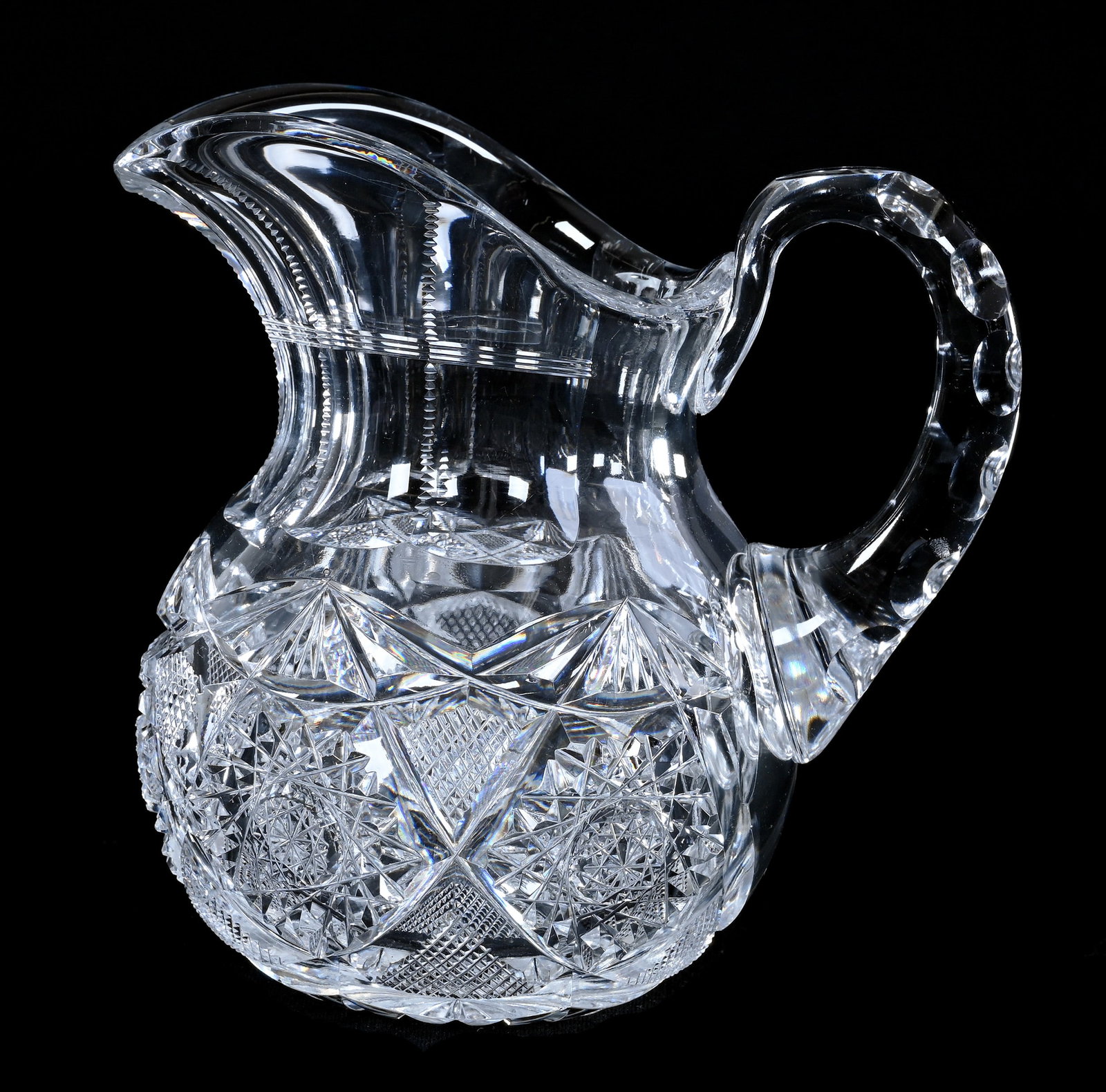 Milk Pitcher, American Brilliant Cut Glass, Hobstar, Crosshatch And Fan Motif: Milk Pitcher, American Brilliant Cut Glass, Hobstar, Crosshatch And Fan Motif, 5" x 5", Double Notched Handle, Ray Cut Base, Georgia Private Collection.