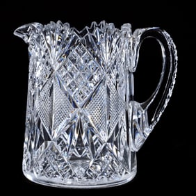 Milk Pitcher, American Brilliant Cut Glass, Large Diamond Cut With Crosscut Diamond, Crosshatch &
