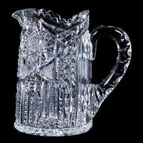 Milk Pitcher, American Brilliant Cut Glass, Hobstar, Diamond, Crosshatch & Prism Motif