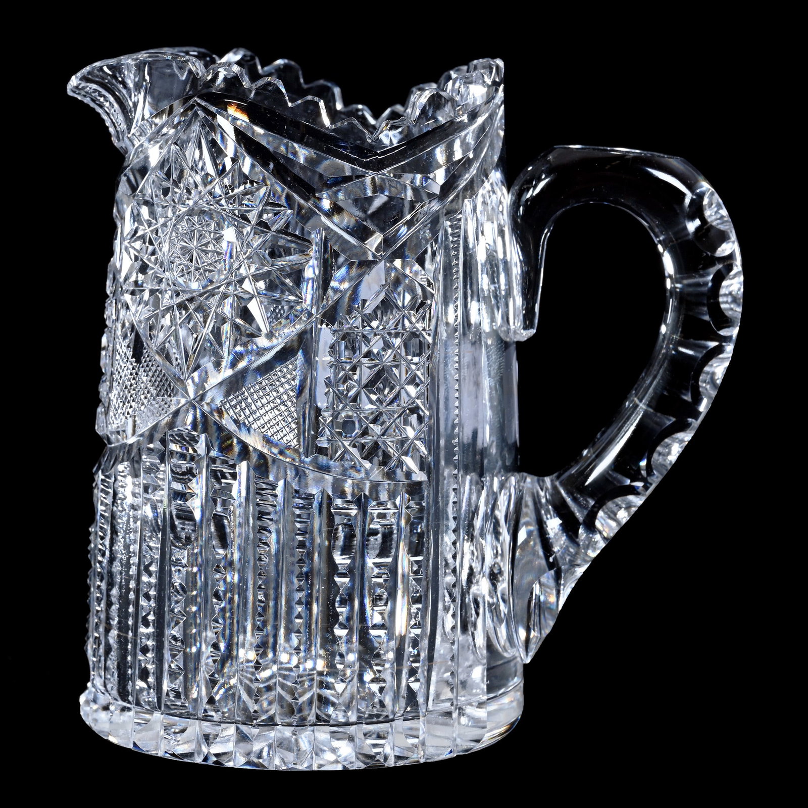 Milk Pitcher, American Brilliant Cut Glass, Hobstar, Diamond, Crosshatch & Prism Motif: Milk Pitcher, American Brilliant Cut Glass, Hobstar, Diamond, Crosshatch And Prism Motif, 4.75" x 4.75", Ray Cut Base, Two Tooth Chips, Small Rim Nick, Georgia Private Collection.