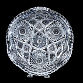 Low Bowl, American Brilliant Cut Glass, Three Interlocked Circular Sections Of Hobstar, Cane,